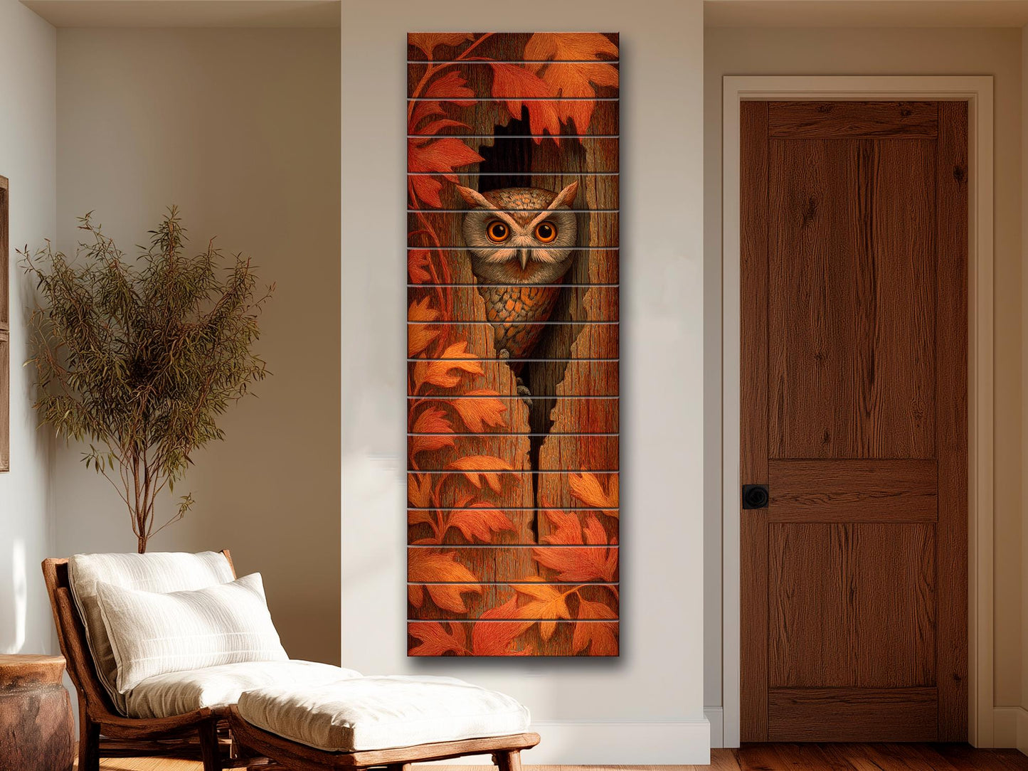 Curious Owl Peeking from a Hollow Tree with Autumn Leaves Print on Natural Wood, Vertical Autumn Painting, Wood Wall Art, Cozy Cabin Decor