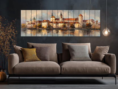 Krakow Skyline Wood Print – Rustic Wall Art With Castle River Painting On Distressed Wood