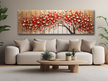 Red Gold Wood Print – Abstract Tree Wall Art On Natural Wood Panels