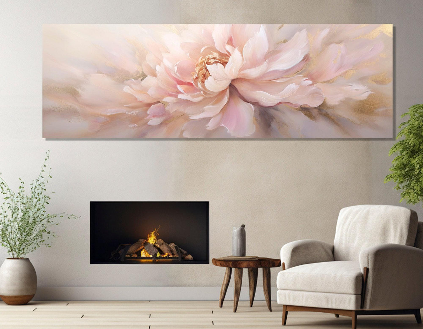 Peony Flower Painting - Framed Cotton Canvas Print | Panoramic Floral Wall Art