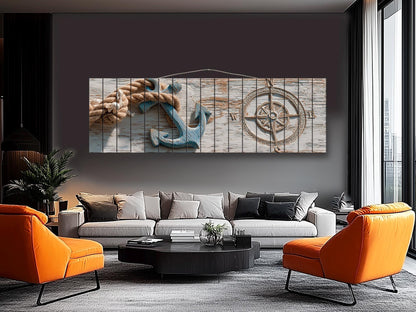 Nautical Anchor Wall Art – Rustic Coastal Wood Print With Rope Compass Design