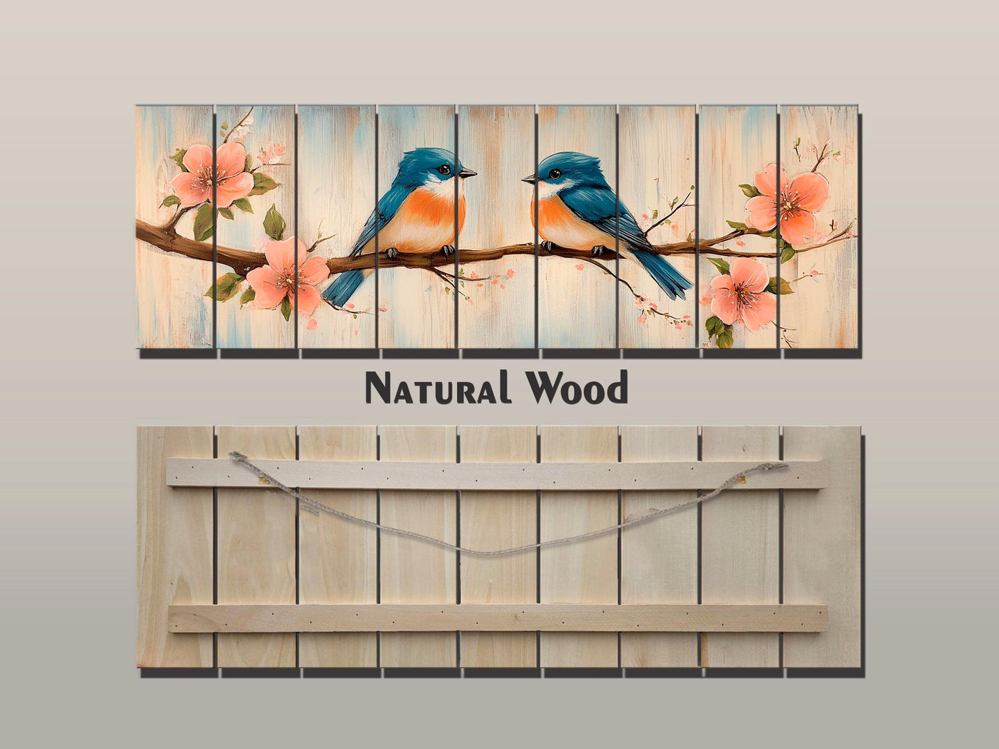 Wood Wall Art - Chubby Bluebirds on a Flowering Branch Print on Natural Wood, Birds Wall Art, Cozy Cabin Wall Decor, Rustic Bluebirds Print
