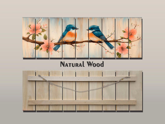 Wood Wall Art - Chubby Bluebirds on a Flowering Branch Print on Natural Wood, Birds Wall Art, Cozy Cabin Wall Decor, Rustic Bluebirds Print