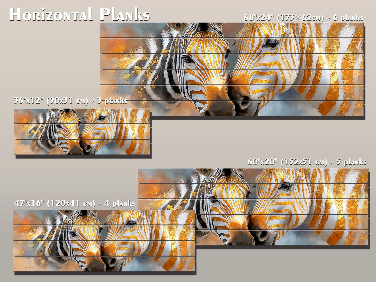Golden Zebra Couple Print on Wood, Rustic Romantic Wall Decor