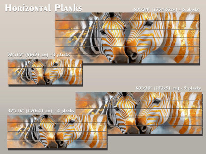 Golden Zebra Couple Print on Wood, Rustic Romantic Wall Decor