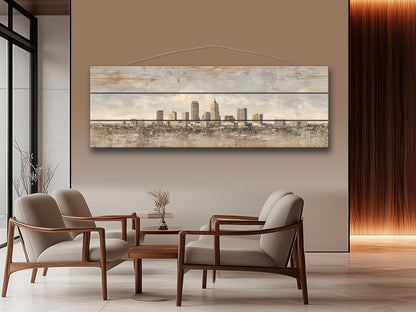 Indianapolis Skyline Wood Print – Rustic Wood Art | Beige Sunlight Painting