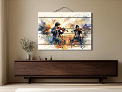 Violinist Wall Art – Abstract Violin Painting on Natural Wood Plank Art, Unique Rustic Music Decor