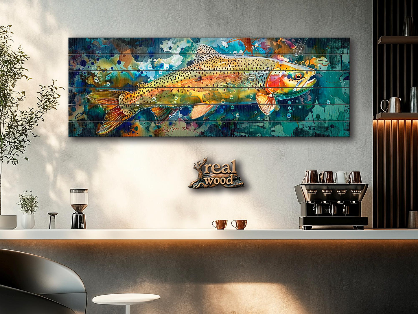 Rainbow Trout Painting Printed on Wood, Fishing Wall Art, Rustic Wood Wall Decor