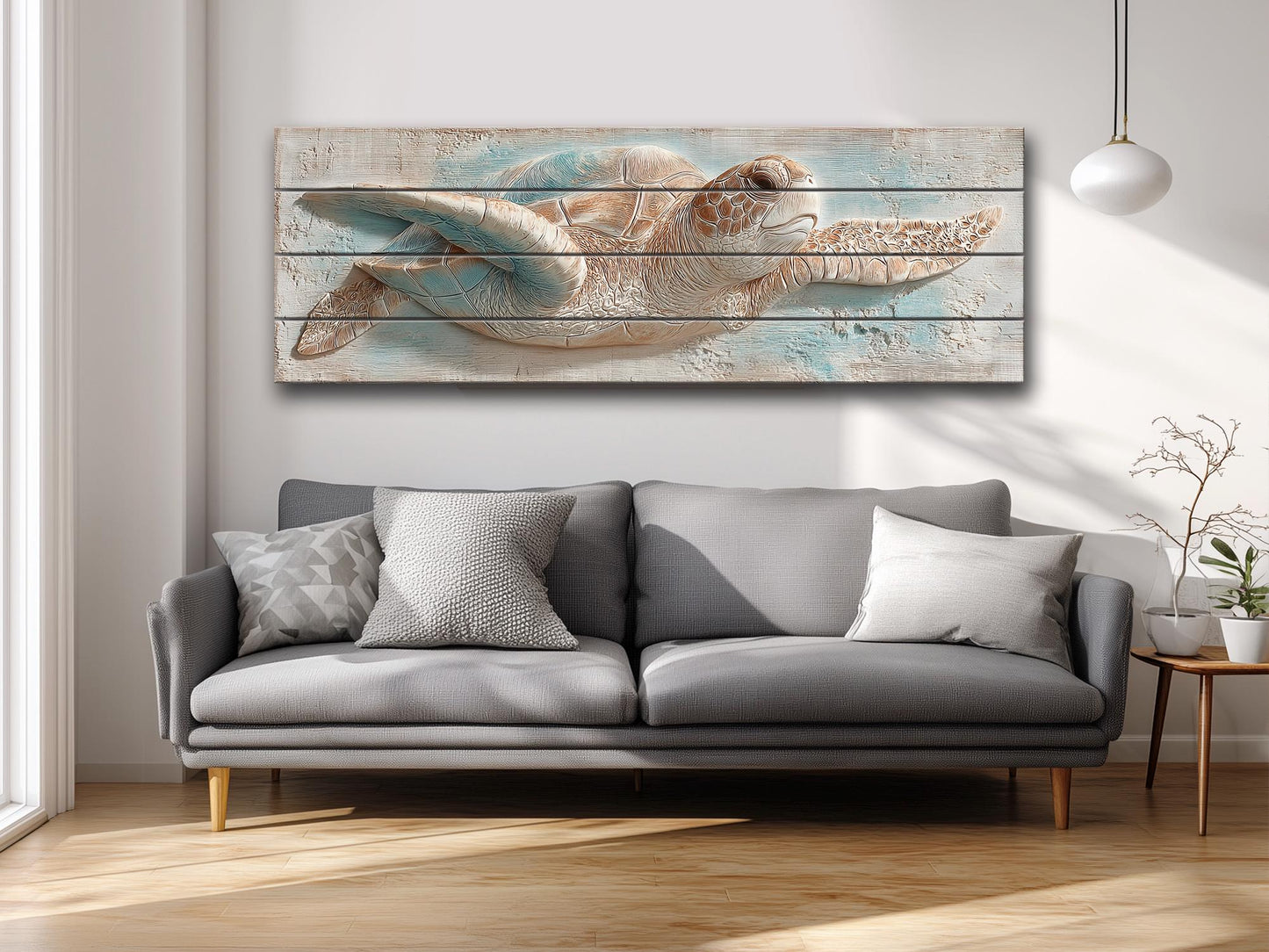 Sea Turtle Wood Art – Rustic Wood Decor | Coastal Ocean Wall Decor with Blue Beige Accents