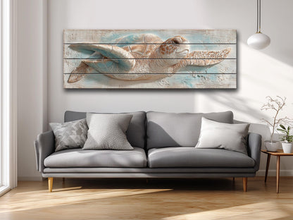 Sea Turtle Wood Art – Rustic Wood Decor | Coastal Ocean Wall Decor with Blue Beige Accents