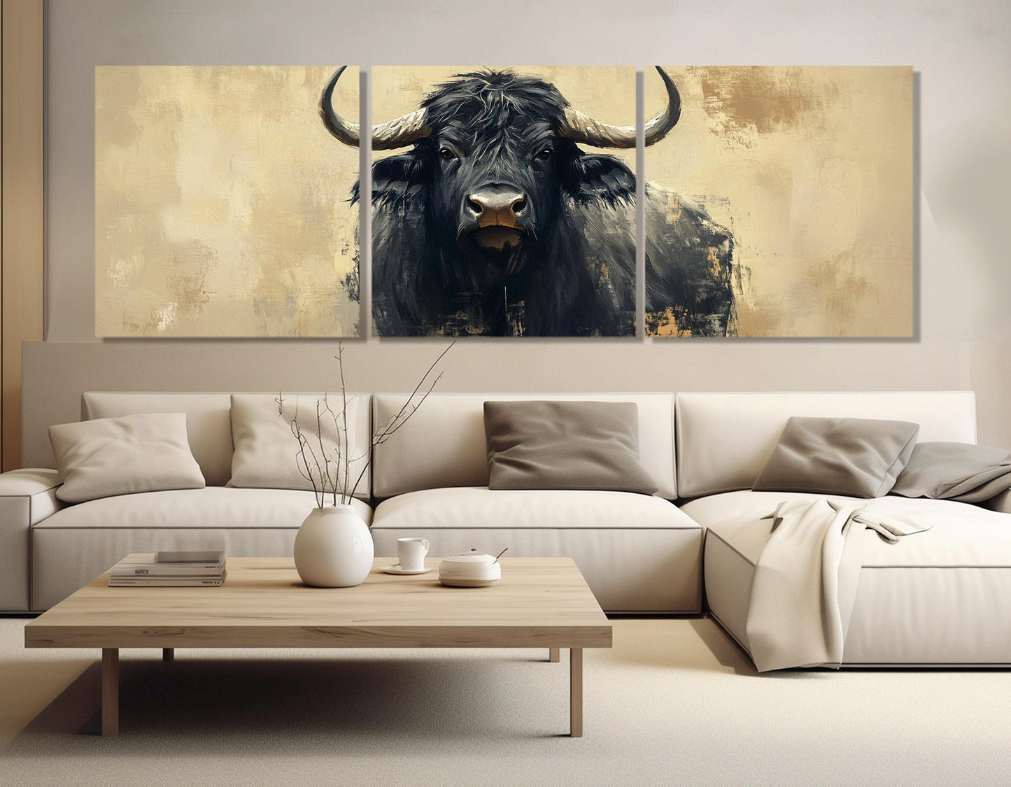 Black Buffalo Painting – Large Bull Canvas Print | Abstract Buffalo Poster, Framed Wall Art