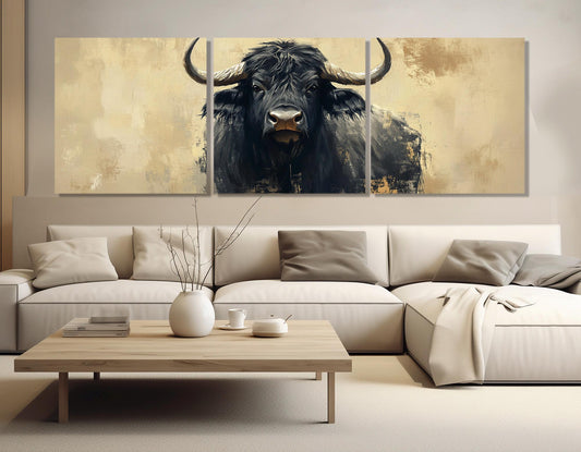 Black Buffalo Painting – Large Bull Canvas Print | Abstract Buffalo Poster, Framed Wall Art