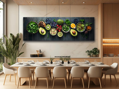 Healthy Food Wall Art – Large Natural Wood Painting | Modern Kitchen Decor