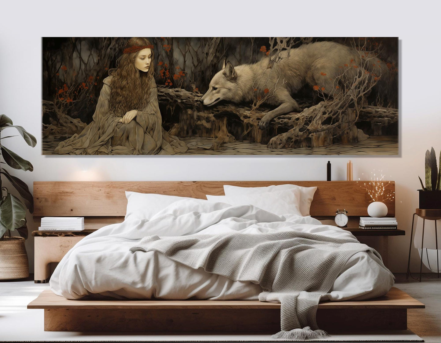 Woman and Wolf Painting Canvas Print, Fantasy Wall Art, Abstract Wolf Canvas Art, Lady and Wolf Poster, Framed and Ready to Hang