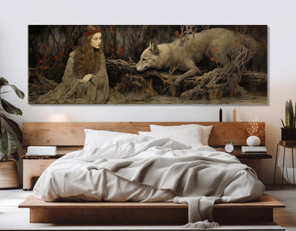 Woman and Wolf Painting Canvas Print, Fantasy Wall Art, Abstract Wolf Canvas Art, Lady and Wolf Poster, Framed and Ready to Hang