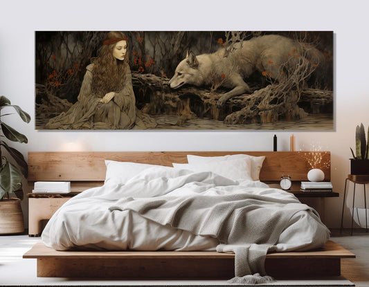 Woman and Wolf Painting Canvas Print, Fantasy Wall Art, Abstract Wolf Canvas Art, Lady and Wolf Poster, Framed and Ready to Hang
