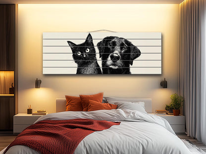 Cat and Dog Print on Wood, Black and White Pet Wall Art, Rustic Bedroom Print