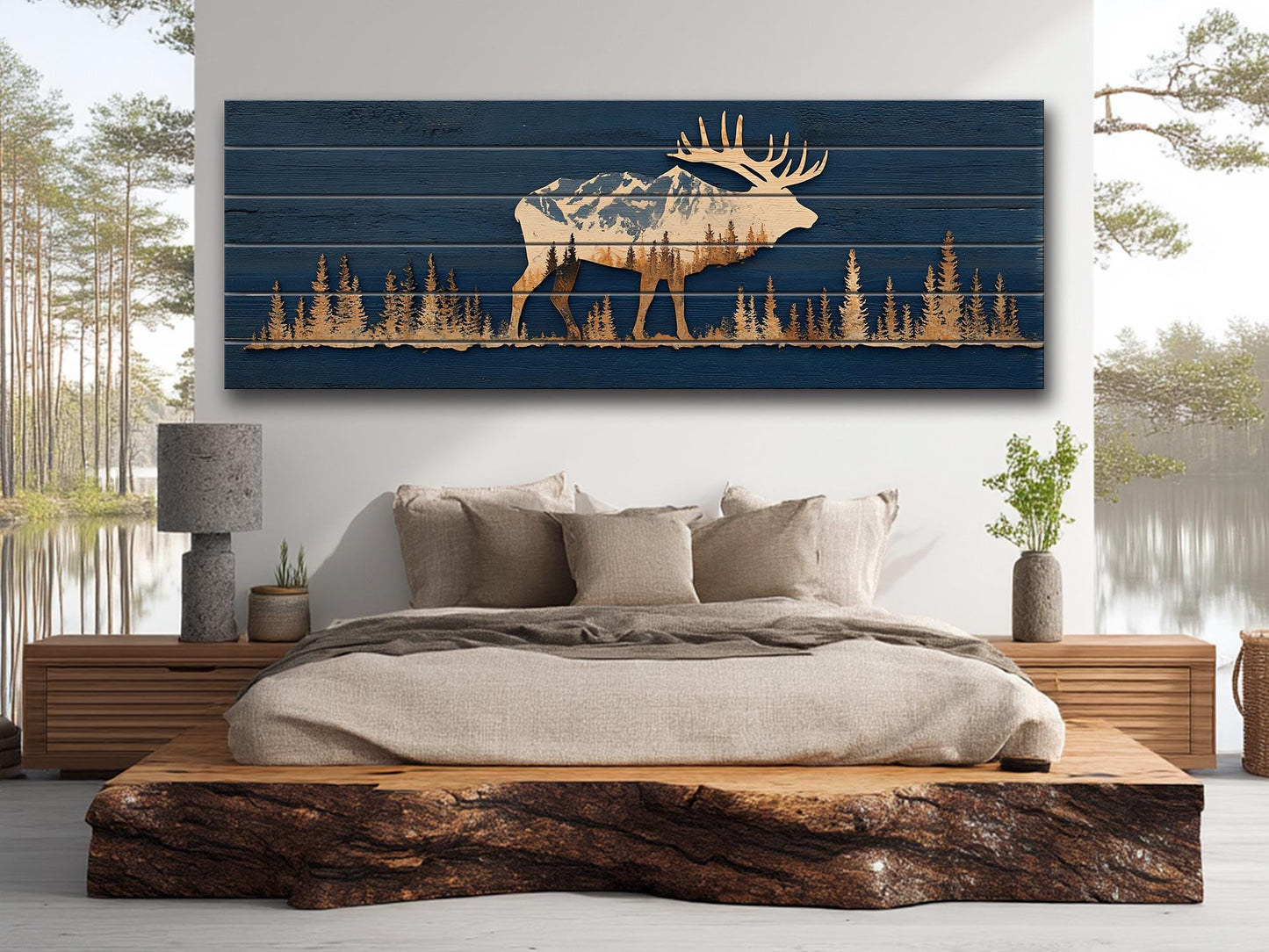 Elk Silhouette Wall Art - Rustic Wildlife Decor With Mountain Forest Print