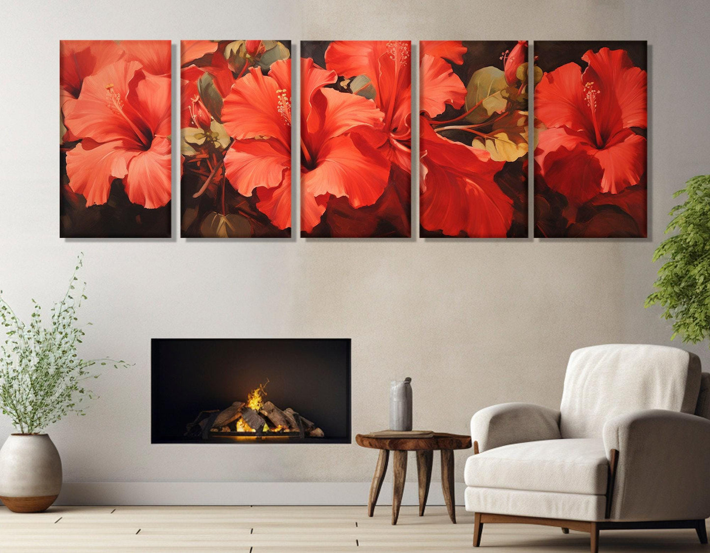 Red Hibiscus Canvas - Large Floral Wall Art | Abstract Flower Painting, Ready to Hang