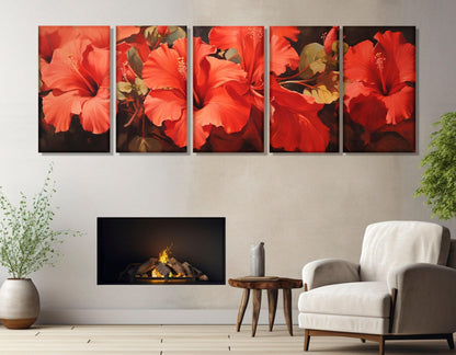 Red Hibiscus Canvas - Large Floral Wall Art | Abstract Flower Painting, Ready to Hang