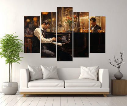 Piano Wall Art – Vintage Bar Painting Framed Canvas Print, Ready to Hang