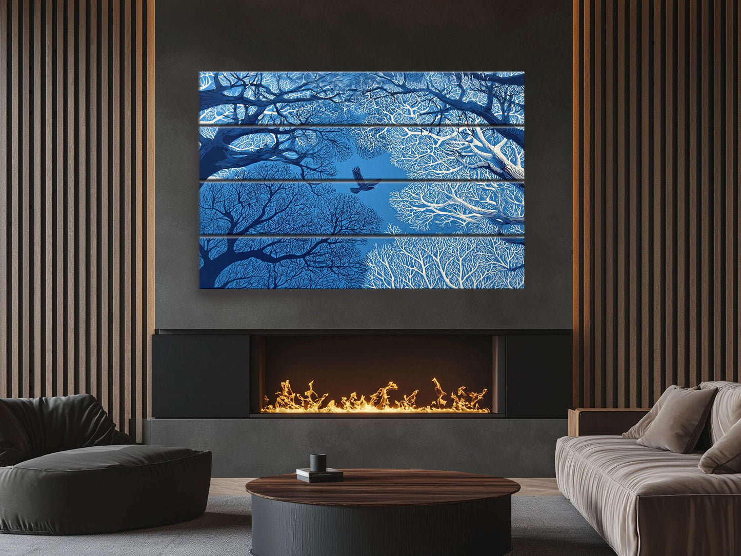 Linocut Wood Art – Enchanted Forest Sky Print | Vibrant UV Wood Decor