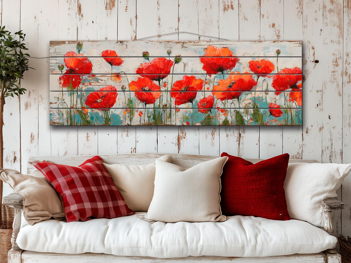 Poppies Wall Art – Natural Wood Wall Art | UV Printed Rustic Floral Wood Decor