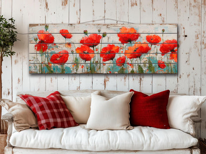 Poppies Wall Art – Natural Wood Wall Art | UV Printed Rustic Floral Wood Decor