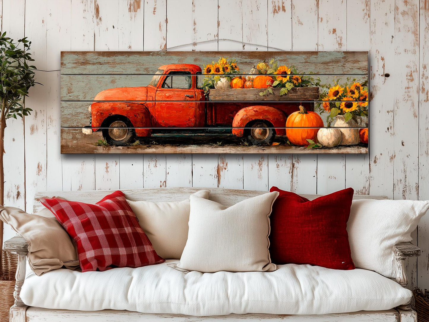 Rustic Wood Wall Art - Vintage Pickup Truck Print on Wood Plank with Pumpkins & Sunflowers