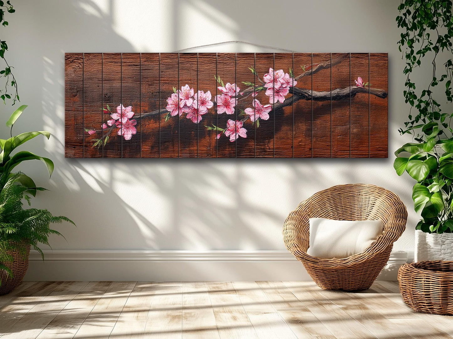 Sakura Branch Wood Art – Japanese Cherry Blossom Print on Natural Wood Wall Decor