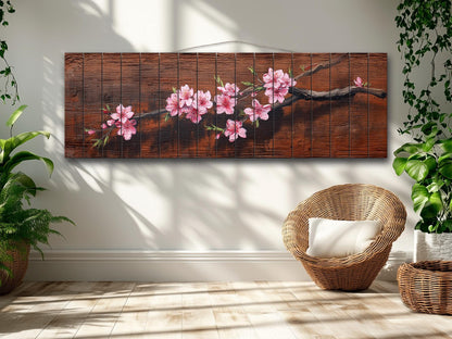 Sakura Branch Wood Art – Japanese Cherry Blossom Print on Natural Wood Wall Decor