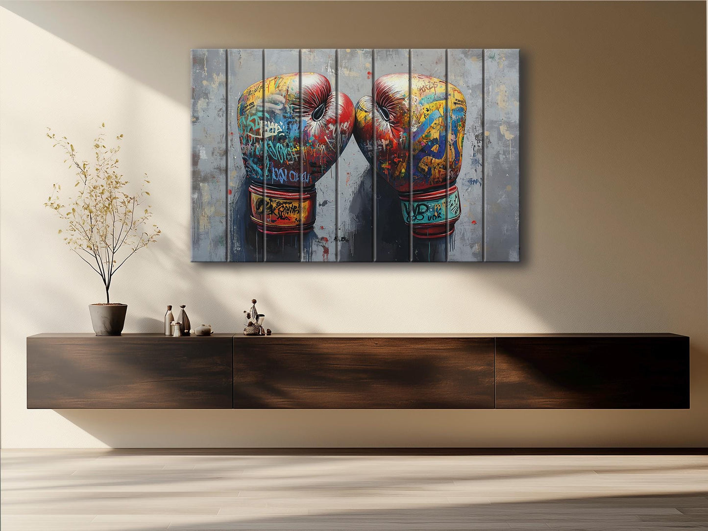 Abstract Boxing Gloves Print On Natural Wood - Sports Wall Art
