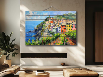 Corniglia, Cinque Terre Painting Printed on Natural Wood, Liguria, Italy Wall Art, Scenic Corniglia Wood Print, Italian Wall Decor