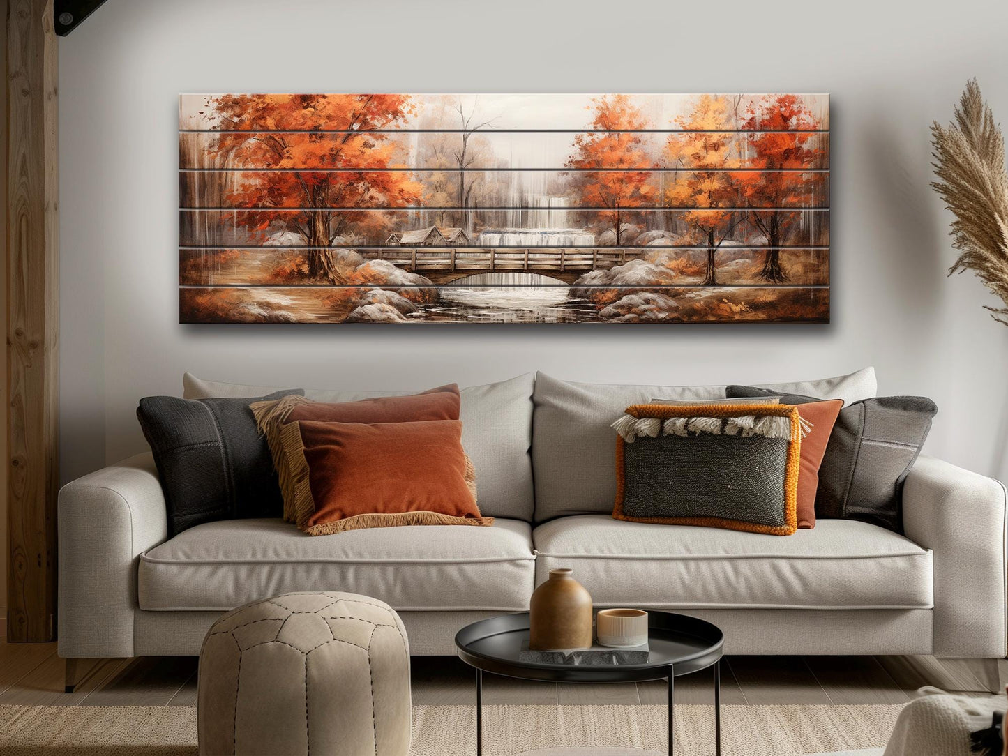 Rustic Autumn Wall Art - Wooden Waterfall Painting On Natural Wood Panel