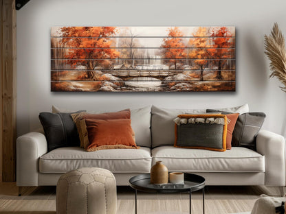 Rustic Autumn Wall Art - Wooden Waterfall Painting On Natural Wood Panel