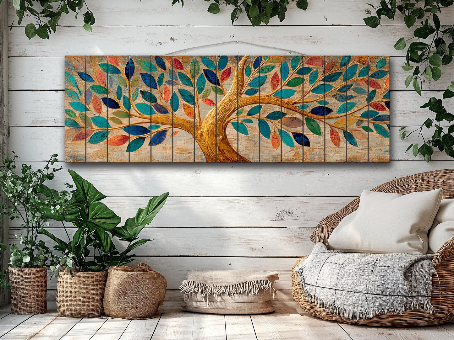 Tree of Life Wall Art - Handcrafted Wood Wall Decor with Colorful Rustic Tree Print