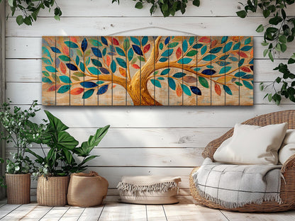 Tree of Life Wall Art - Handcrafted Wood Wall Decor with Colorful Rustic Tree Print