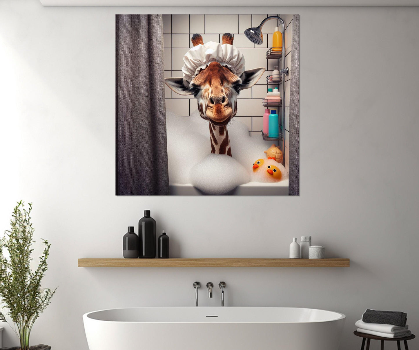 Giraffe Bathroom Art – Cute Animal Canvas With Wood Frame, Nursery Wall Decor