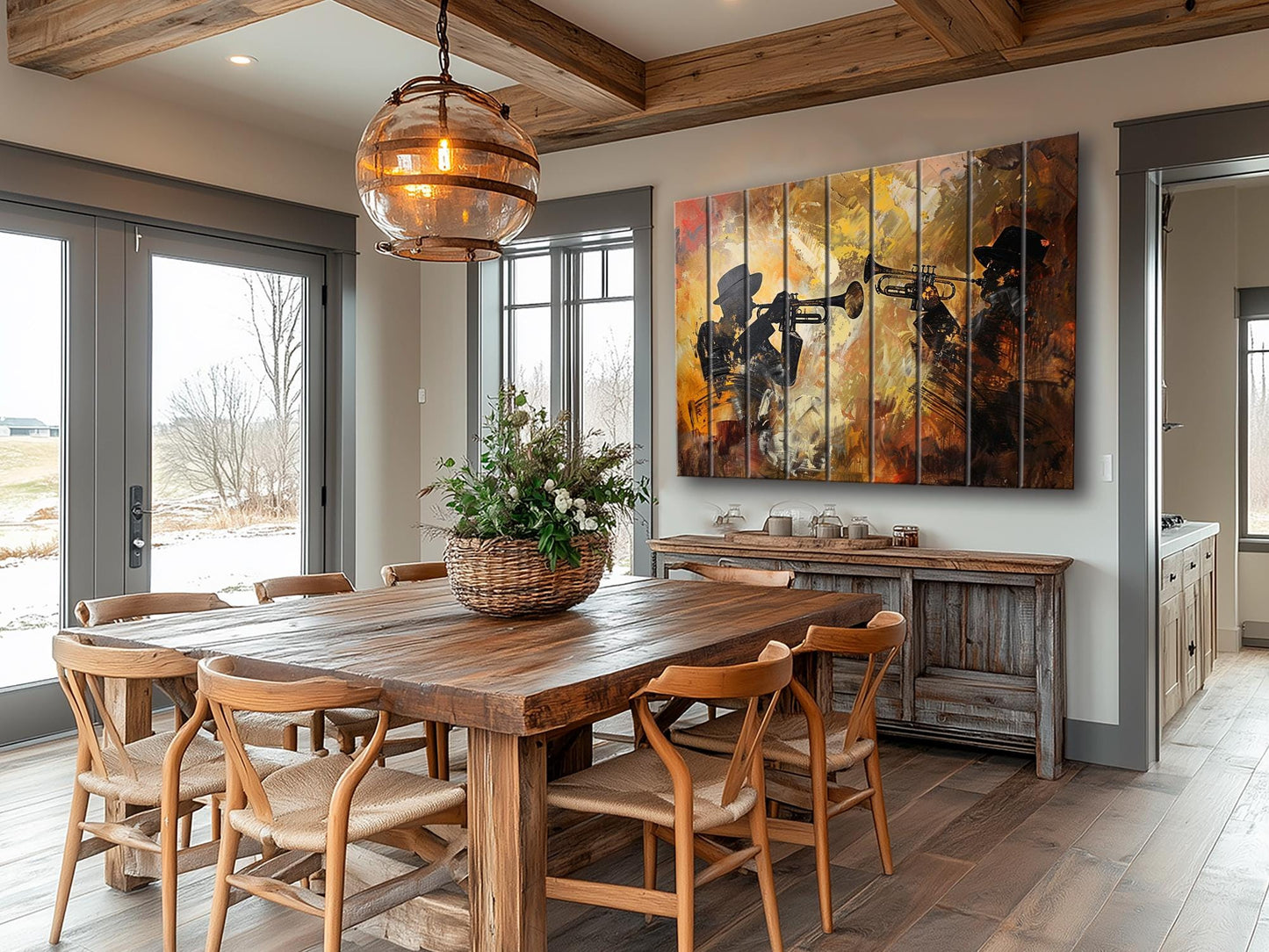 Rustic Wood Wall Art – Abstract Trumpet Painting on Wood | Jazz Music Decor