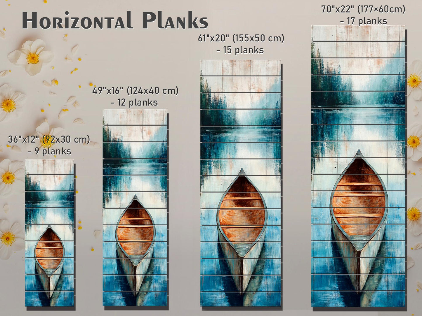 Wood Wall Art – Canoe Lake Painting on Rustic Natural Wood Plank – Nautical Scene Print