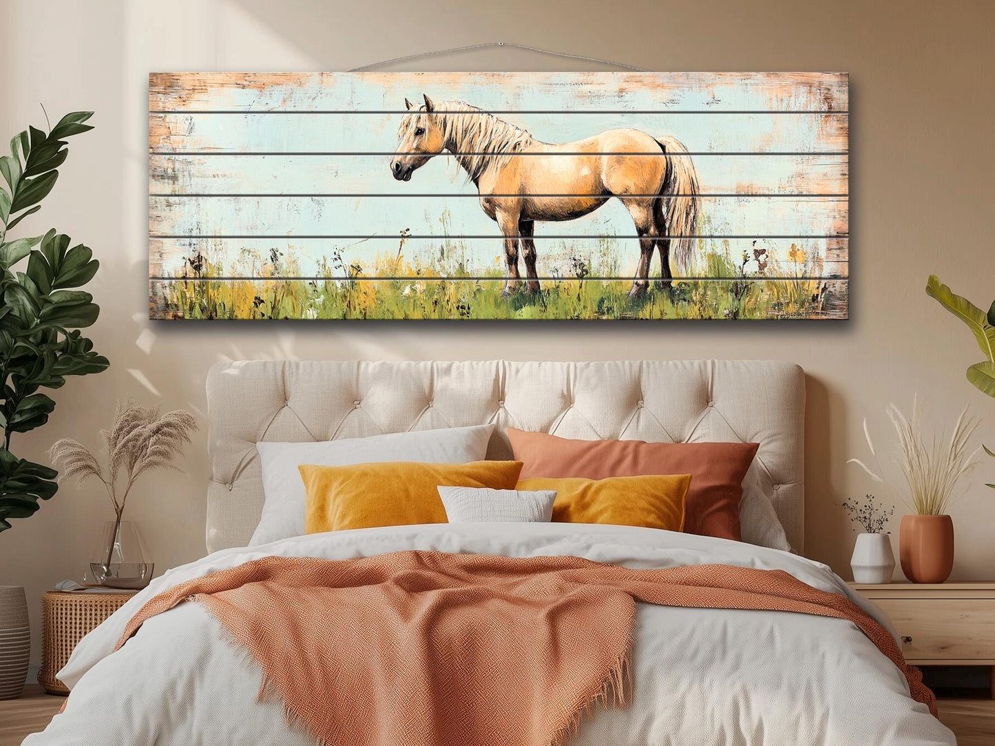 Rustic Wood Wall Art - Pony in a Grassy Field Print on Natural Wood, Horse Painting, Horses Wall Art, Pony Poster, Farmhouse Wall Decor