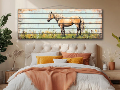 Rustic Wood Wall Art - Pony in a Grassy Field Print on Natural Wood, Horse Painting, Horses Wall Art, Pony Poster, Farmhouse Wall Decor