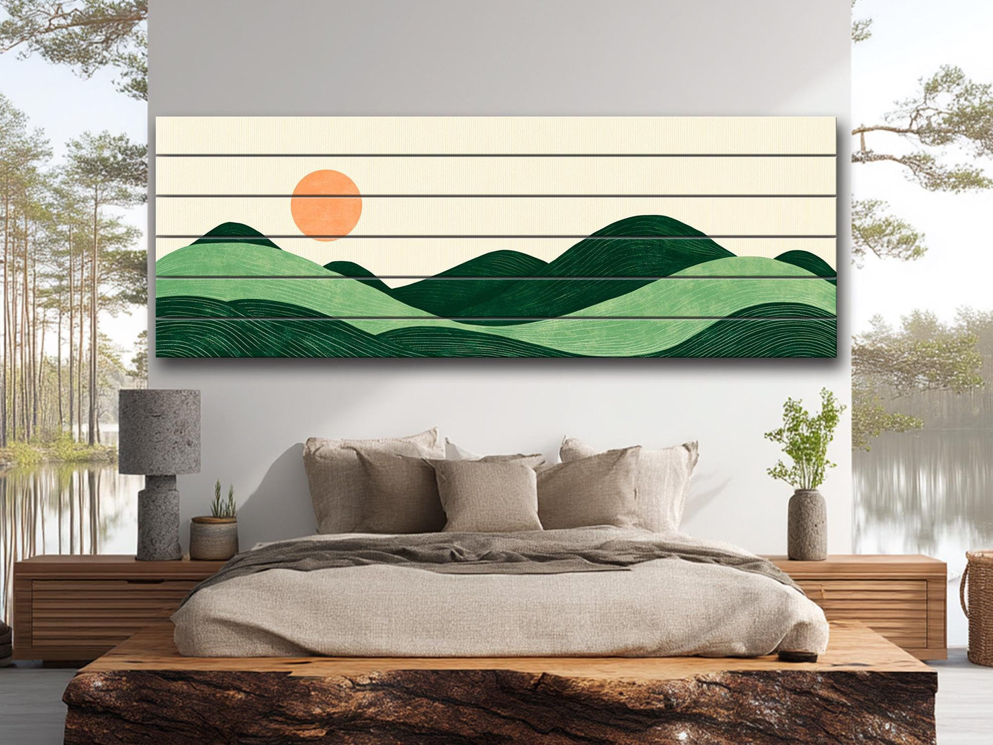 Minimalist Landscape Print on Wood, Boho Hills and Sun Wall Art