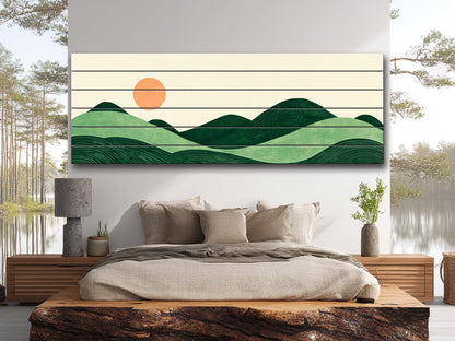 Minimalist Landscape Print on Wood, Boho Hills and Sun Wall Art