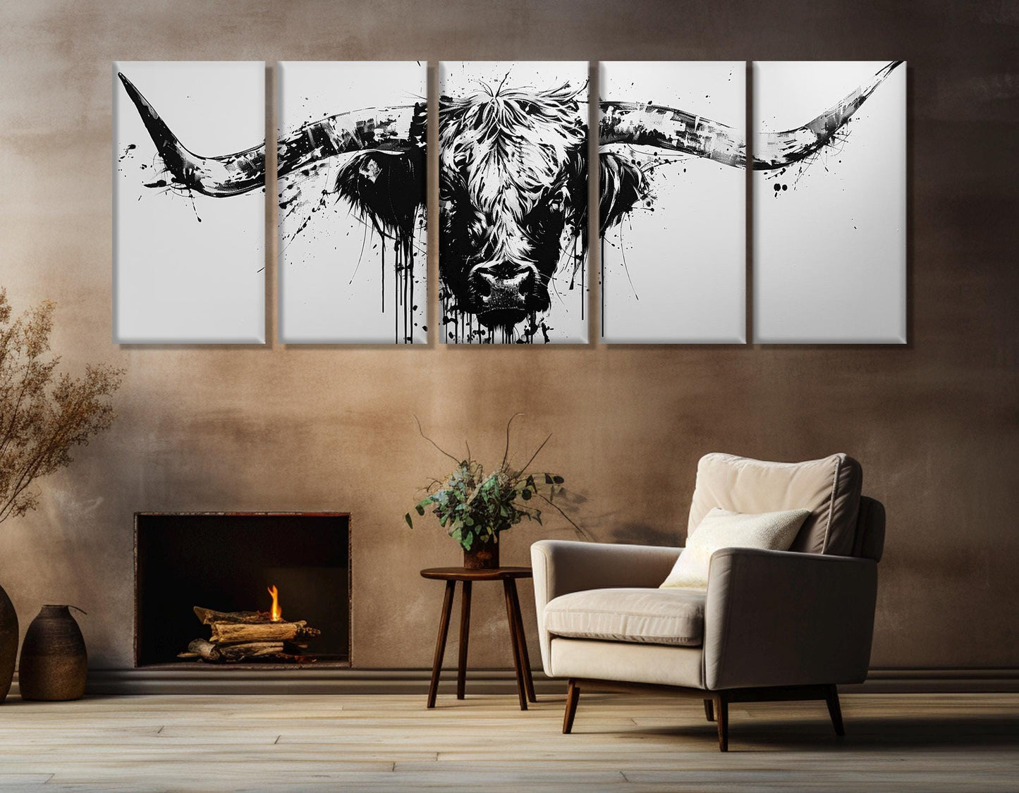 Longhorn Canvas Print - Framed Rustic Bull Decor with Black and White Art