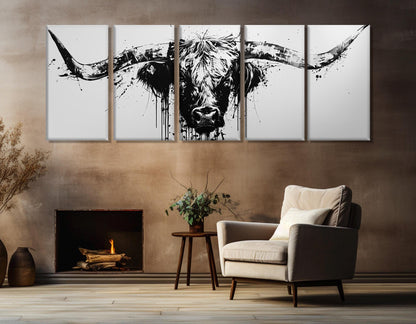 Longhorn Canvas Print - Framed Rustic Bull Decor with Black and White Art