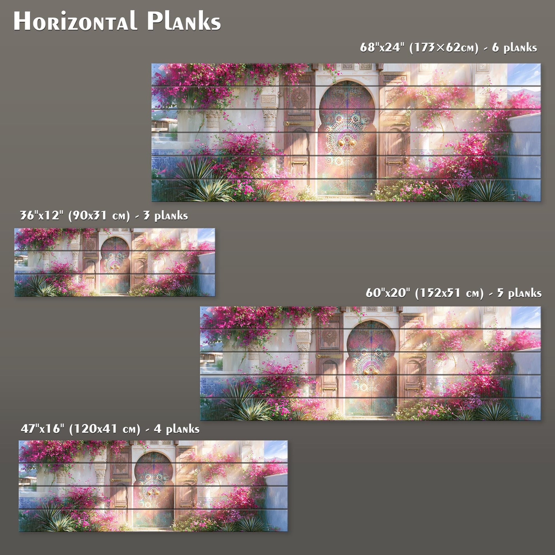 four different photographs of a building with a colorful, floral-patterned facade. The photographs are arranged in a grid format, with each photograph varying in size and dimensions. The text provides information about the size and dimensions of each photograph, including the number of planks and the width of the frame.