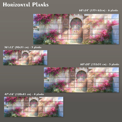 four different photographs of a building with a colorful, floral-patterned facade. The photographs are arranged in a grid format, with each photograph varying in size and dimensions. The text provides information about the size and dimensions of each photograph, including the number of planks and the width of the frame.