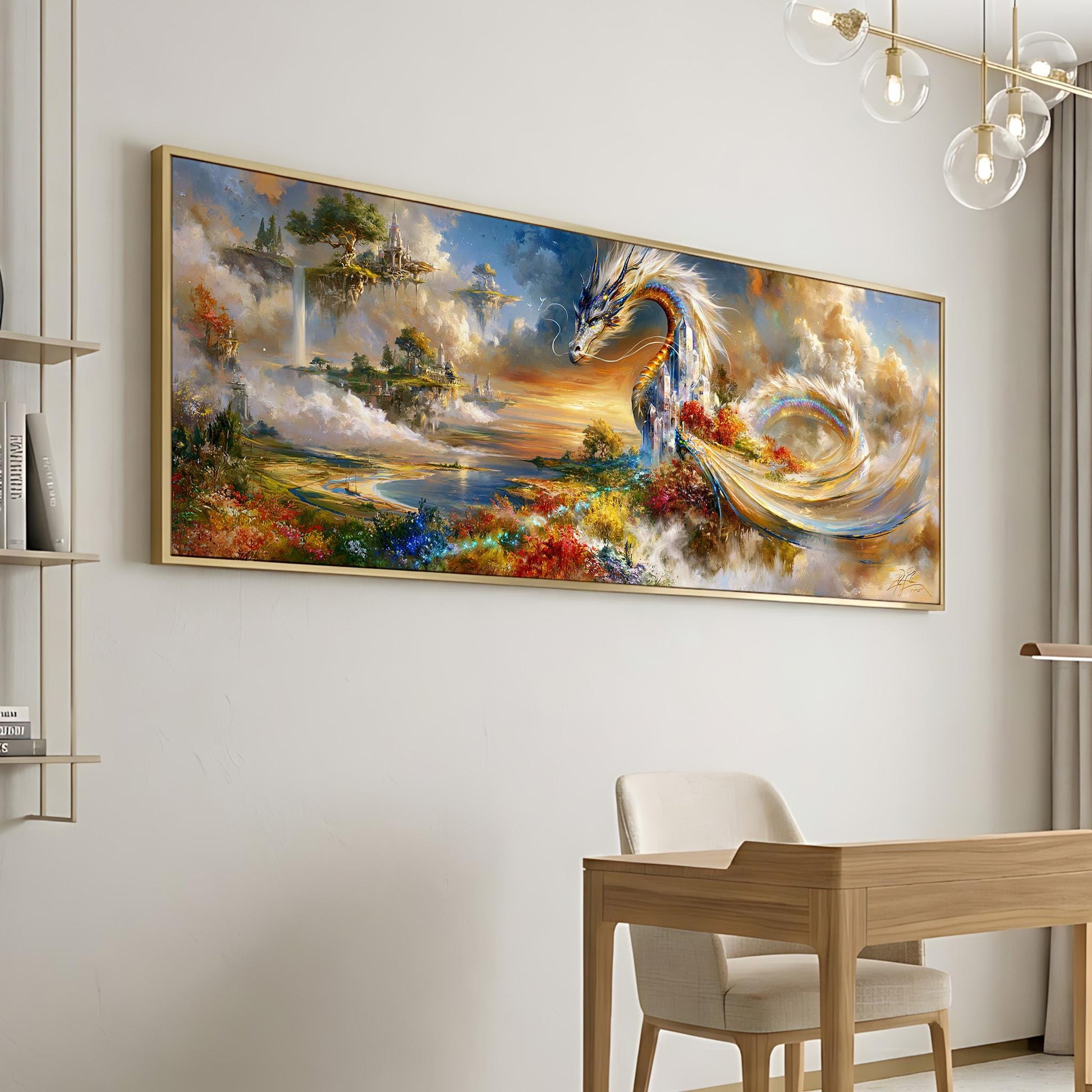 a large, colorful painting of a dragon-like creature against a backdrop of a fantastical landscape with floating islands, clouds, and a sunset sky.