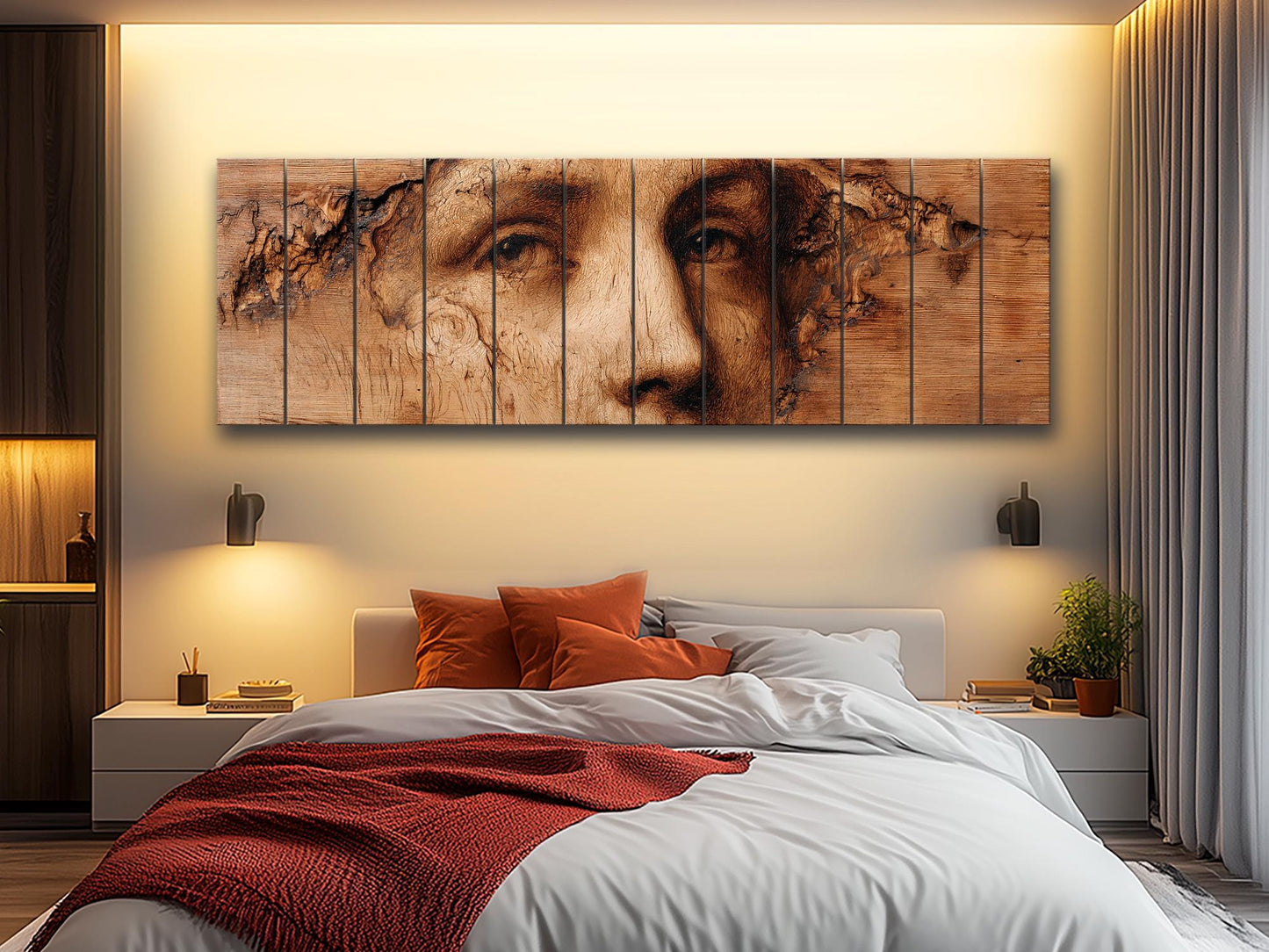 Burned Face Wood Print – Rustic Wood Art | Textured Wall Decor, Abstract Portrait